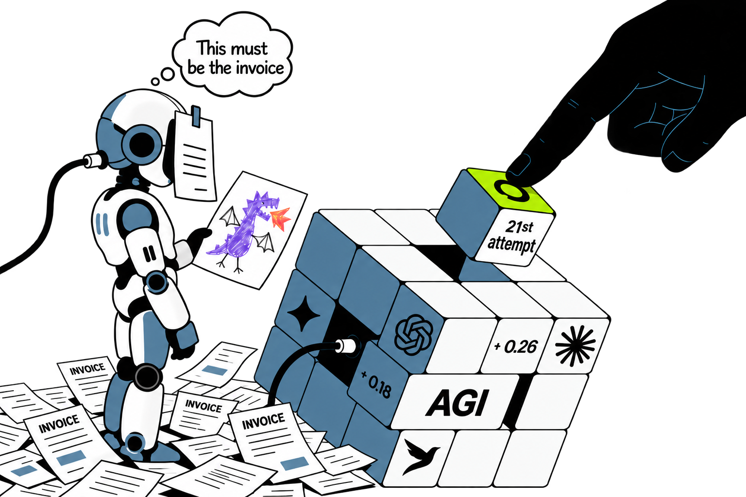 An AI assistant sorting invoices beside an evolving AI system.