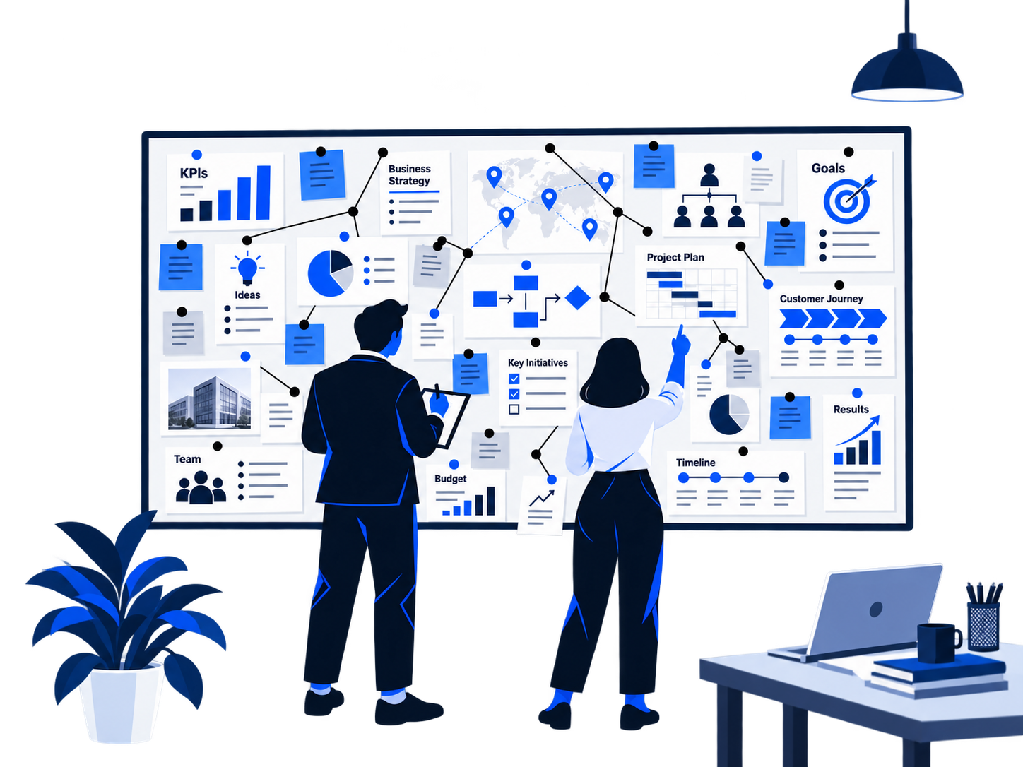 Two people reviewing a detailed business audit, including priorities, processes and goals.