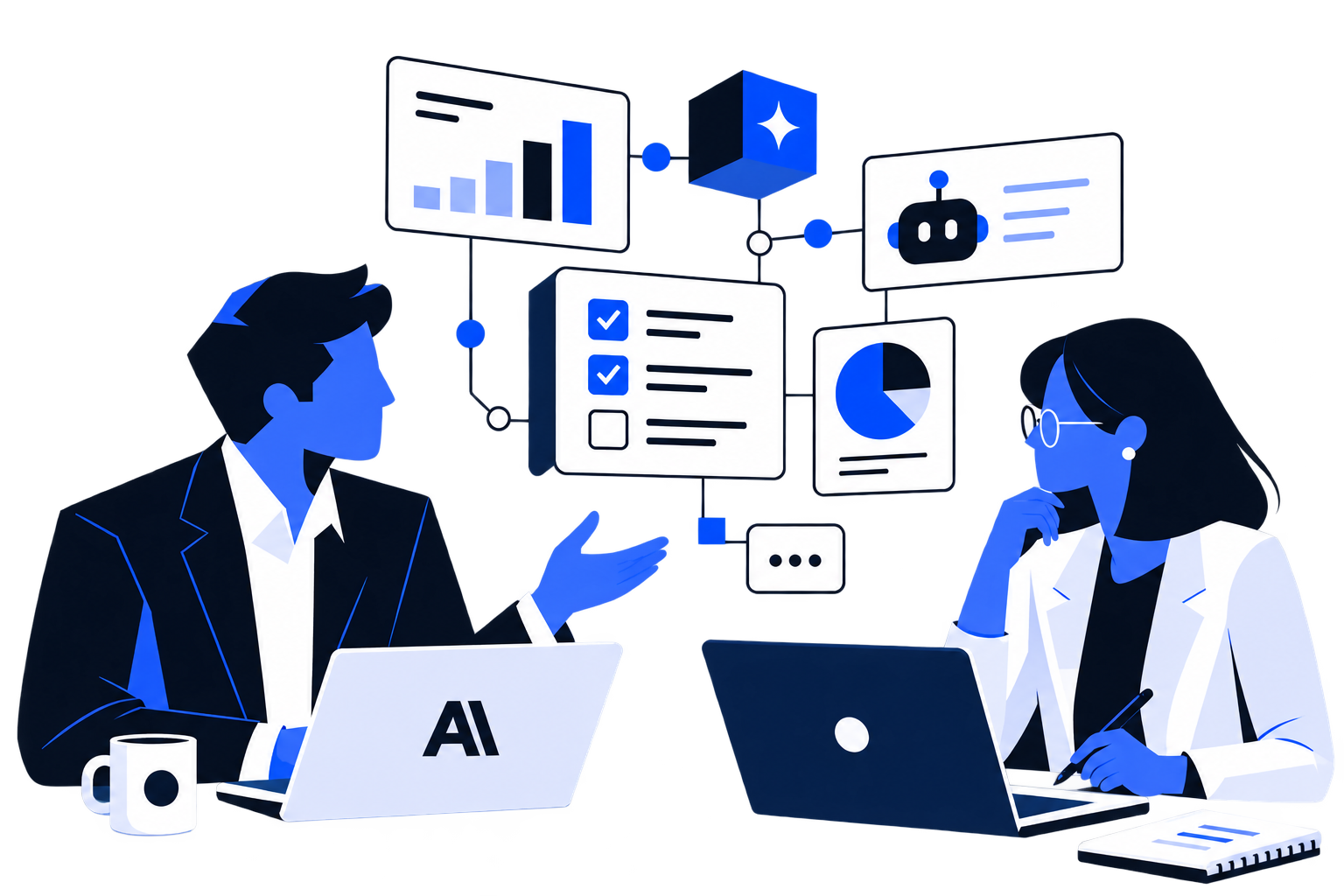Two people mapping an AI pre-audit with business information, tasks and priorities.