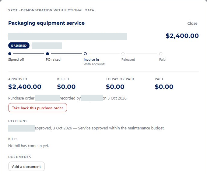 Spend request with supporting details and approval history