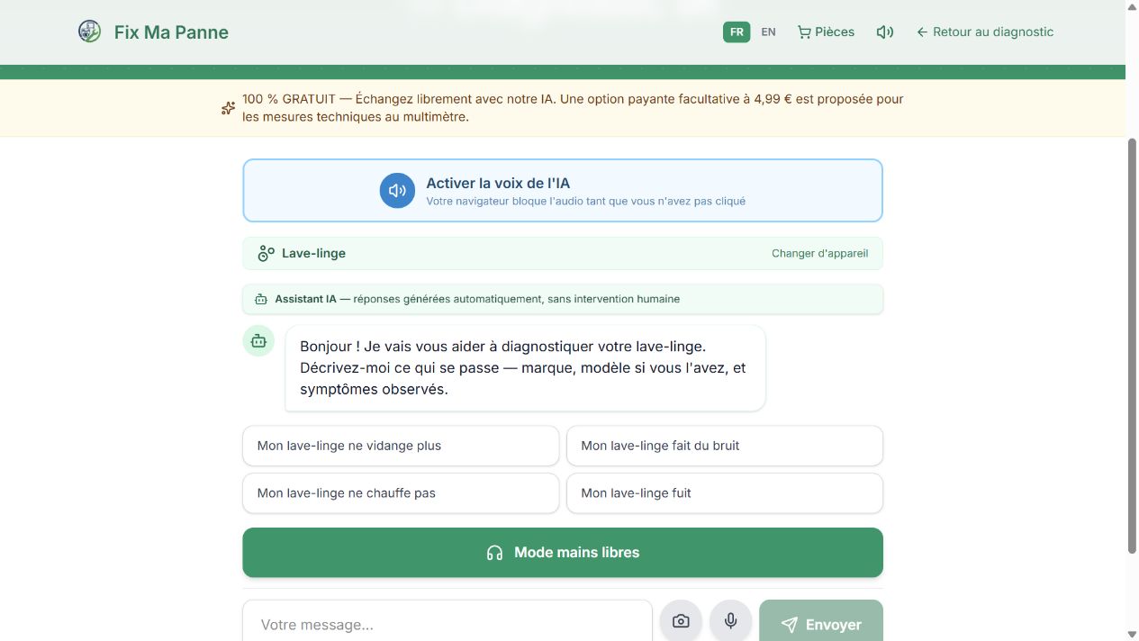 Fix Ma Panne chatbot welcoming a user who selected a washing machine