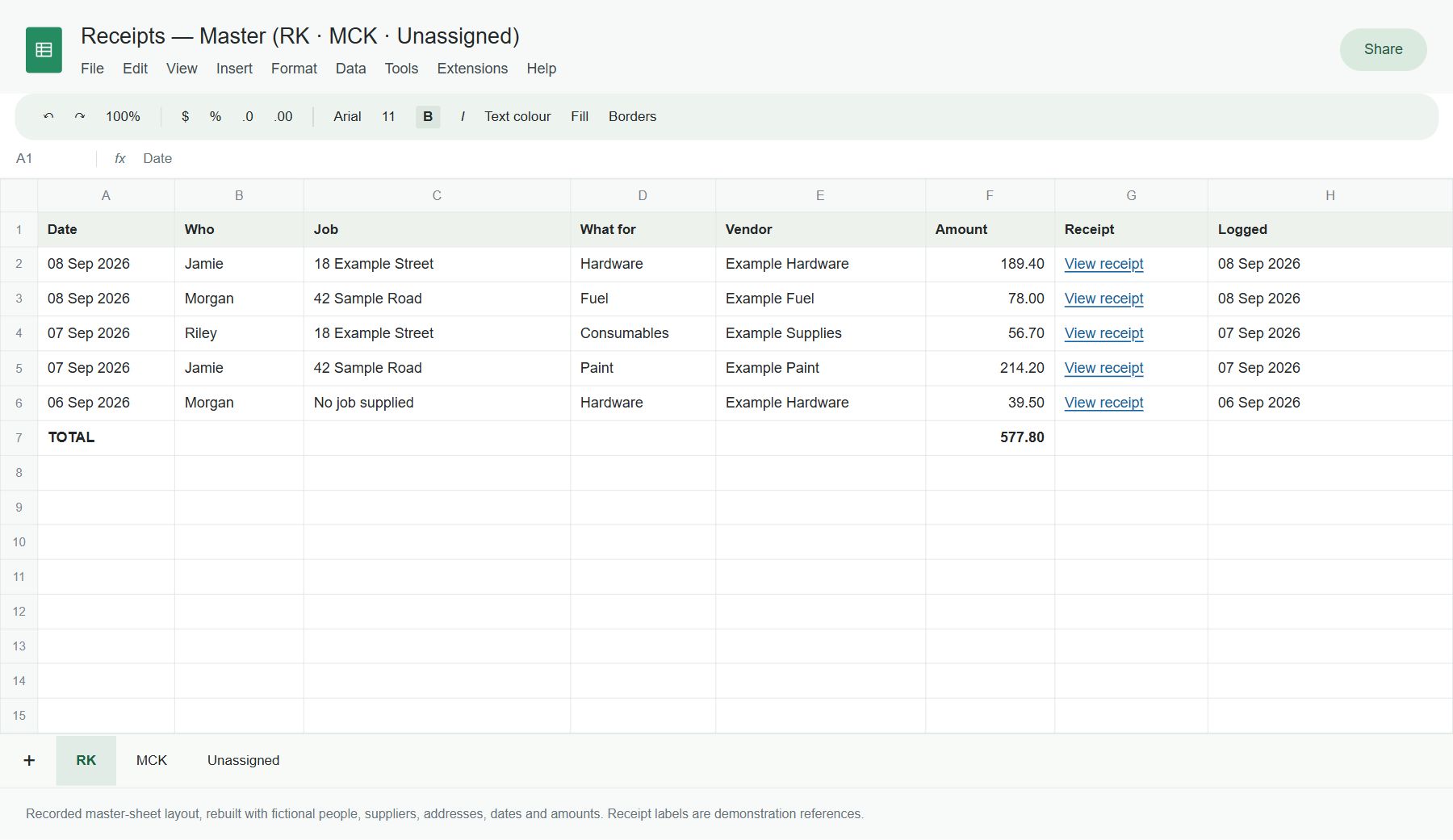 Receipt master sheet with date, person, job, vendor, amount and receipt link, plus RK, MCK and Unassigned tabs