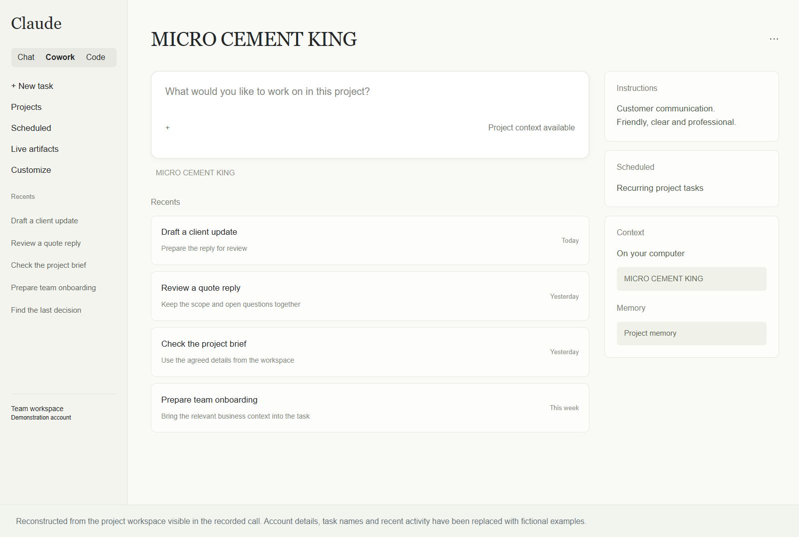 Claude project workspace with business instructions, recent tasks, a company context folder and project memory
