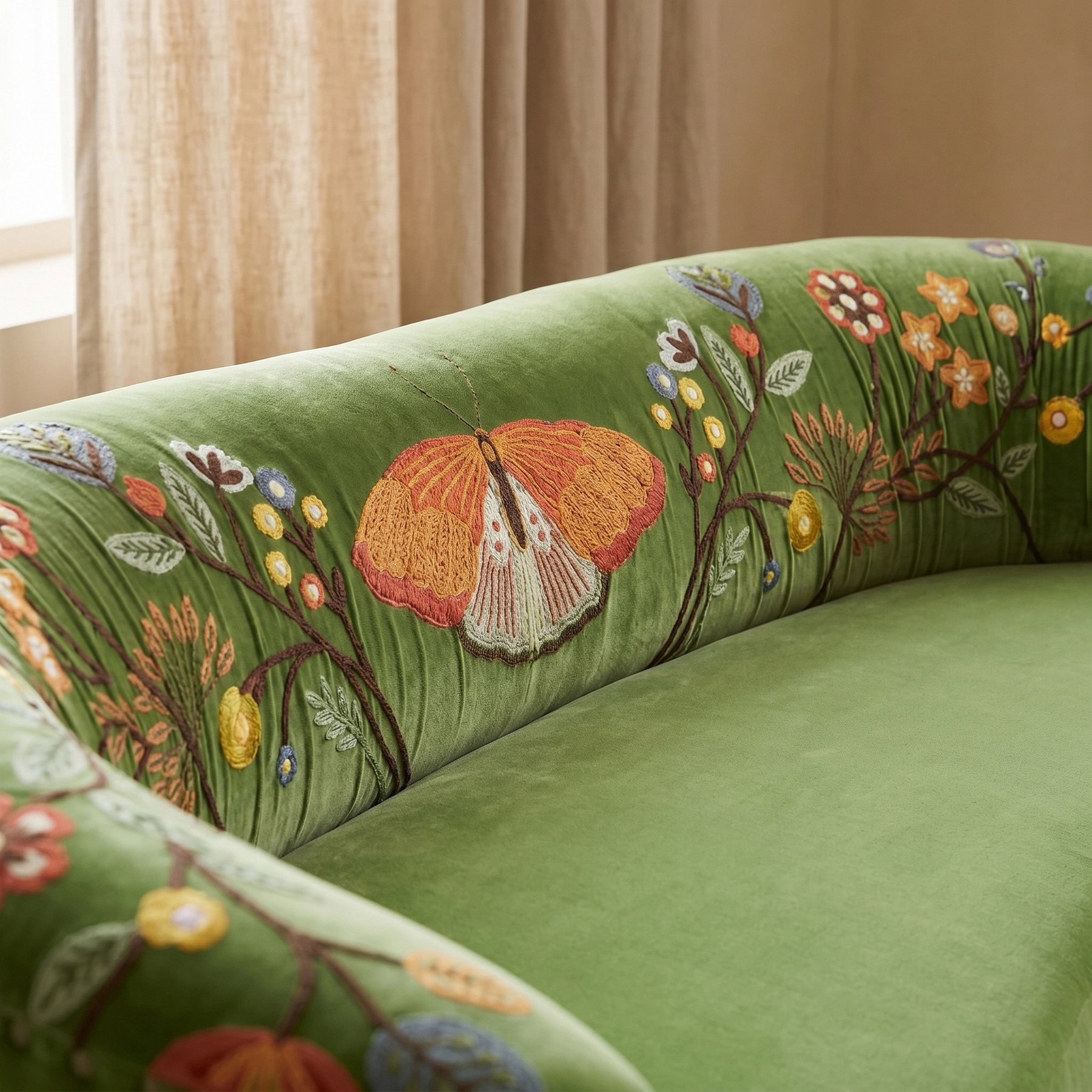 AI-created close-up of green velvet upholstery with detailed floral embroidery and soft daylight