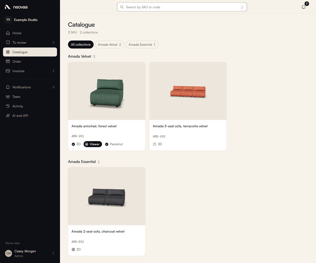 Product catalogue organised by collection, with images, product references and available asset types