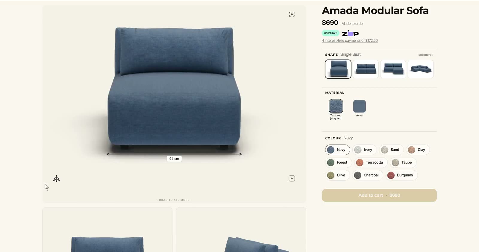 Neovaa Amada sofa configurator, showing a 3D seat alongside shape, material and colour choices