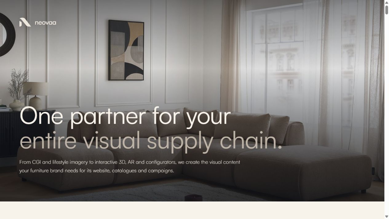 Neovaa portfolio opening page with a full-width furniture interior and the headline One partner for your entire visual supply chain