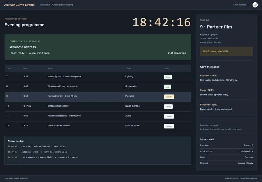 Live event cue and run sheet for Alastair Currie Events. Give the event crew one agreed sequence of cues, owners and timings. Surface changes and hold points clearly so the show caller can coordinate the next moment without searching messages during the event.