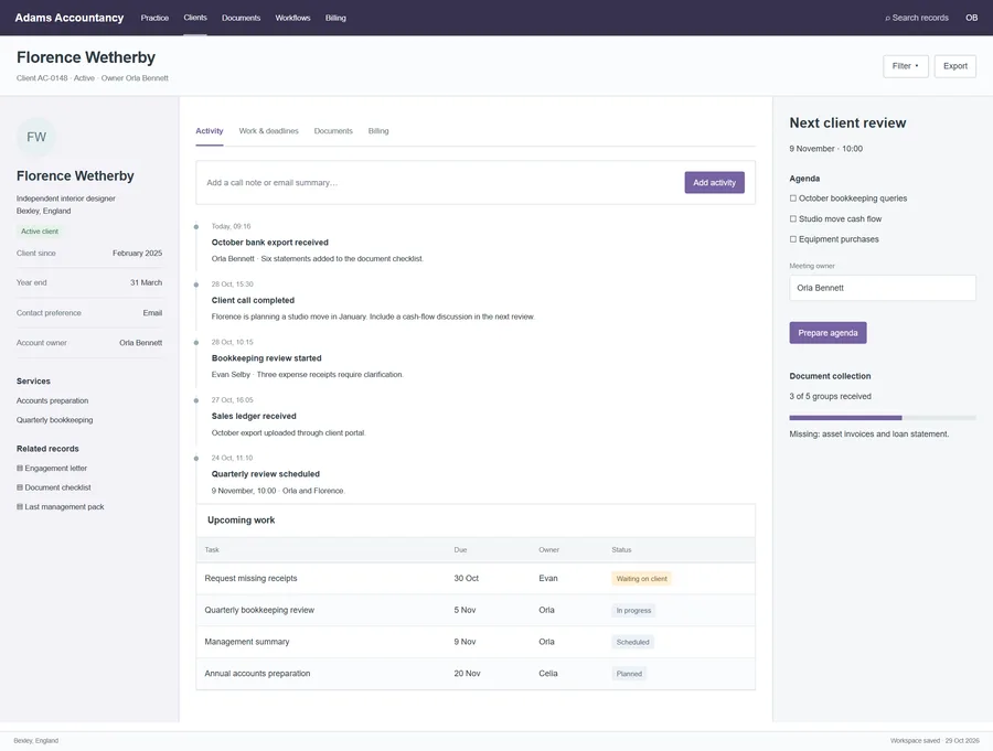 Client relationship workspace for Adams Accountancy. Keep client context available to the whole team, rather than in one account manager’s inbox. Bring agreed services, recent conversations and upcoming work together so handovers are smoother and important follow-ups are easier to spot.
