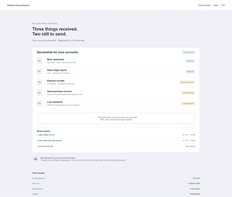 Client document collection for Adams Accountancy. Make it easier for clients to send the right information the first time. Give them one clear checklist with received and missing documents, while your team tracks progress without repeatedly searching email attachments.