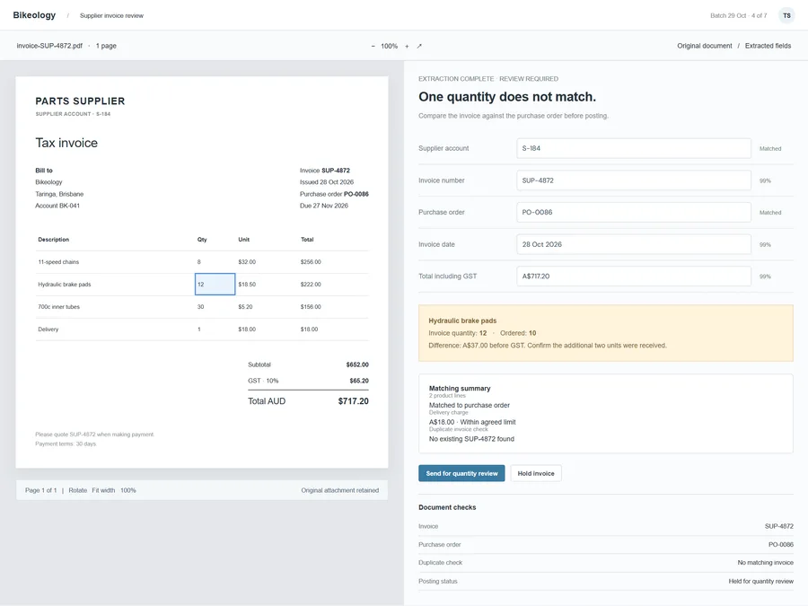 Supplier invoice matching for Bikeology. Catch quantity and price differences before an invoice is posted. Read the supplier document alongside the purchase order, highlight the exceptions and give the reviewer the evidence needed to resolve them.