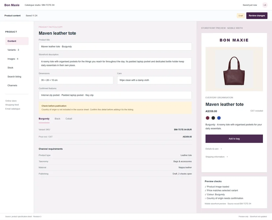Product information to storefront for Bon Maxie. Bring product facts, variants and storefront copy into one review. Prepare consistent descriptions without losing the details customers need, while missing measurements and unapproved wording are caught before publication.