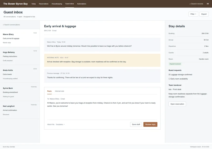 Guest request inbox for The Bower Byron Bay. Give guests a consistent response even when different team members pick up the conversation. Bring requests, stay details and handover notes together, with draft replies ready for staff to check before sending.