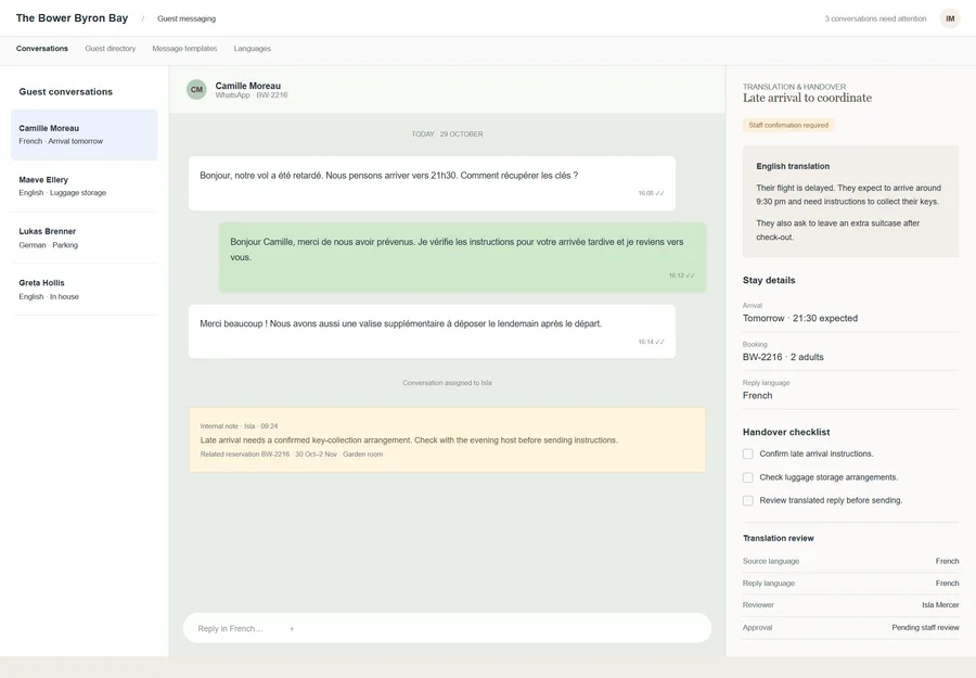 Guest messages across languages for The Bower Byron Bay. Help your team understand and respond to guest requests across languages. Keep the original message, translation and stay details together so staff can check the arrangements before sending a useful reply.