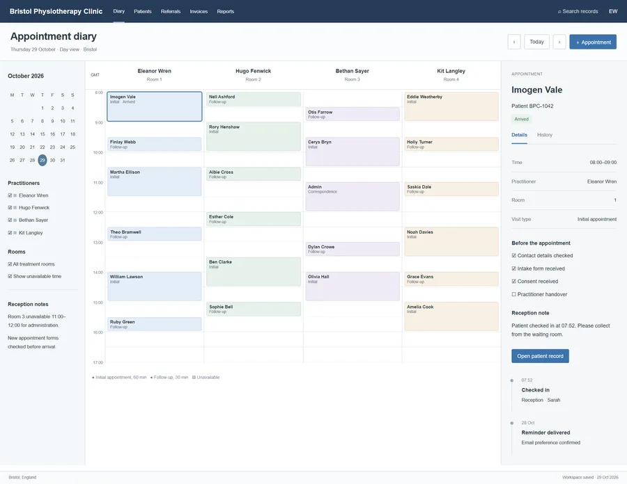 Practitioner appointment diary for Bristol Physiotherapy Clinic. Give reception a clear view of who is available, which room is free and how long each visit needs. Make booking changes easier to coordinate and help practitioners start their day with a dependable schedule.