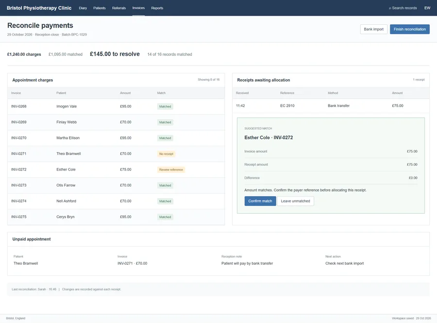 Daily payment reconciliation for Bristol Physiotherapy Clinic. Close the day with a clearer picture of what has been paid and what still needs checking. Match appointment charges to receipts and focus reception on the exceptions instead of reviewing every transaction by hand.