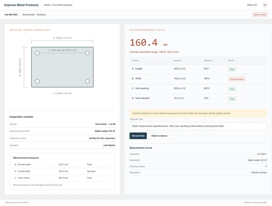 First-article inspection record for Express Metal Products. Catch dimensional discrepancies before a full batch progresses. Record measurements against the drawing revision, flag results outside the specified tolerance and keep the release decision with the quality reviewer.