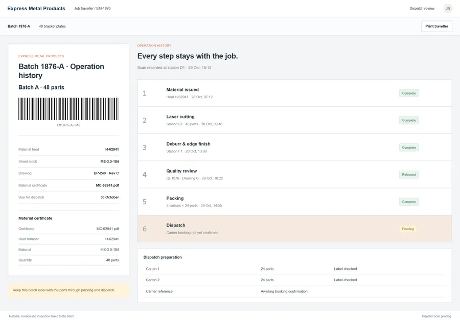 Material-to-dispatch traceability for Express Metal Products. Answer where a part came from and which operations it passed through without searching paper folders. Keep the material batch, drawing revision and inspection record attached to the job through dispatch.
