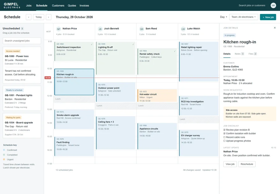 Daily job dispatch for Gimpel Electrics. Make better use of the working day without juggling calls, messages and separate diaries. See team availability, job locations and access notes together so you can fill gaps and give electricians the details they need before arrival.