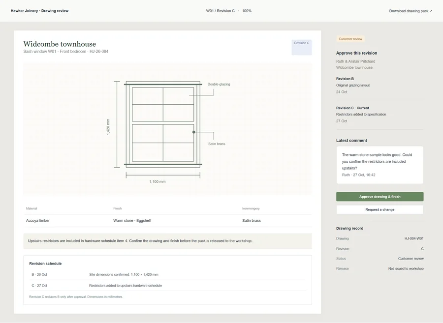 Drawing & finish approvals for Hawker Joinery. Avoid starting production from an outdated drawing or an unclear finish choice. Keep the latest revision, customer comments and approval status together, making handover to the workshop clearer and reducing preventable rework.