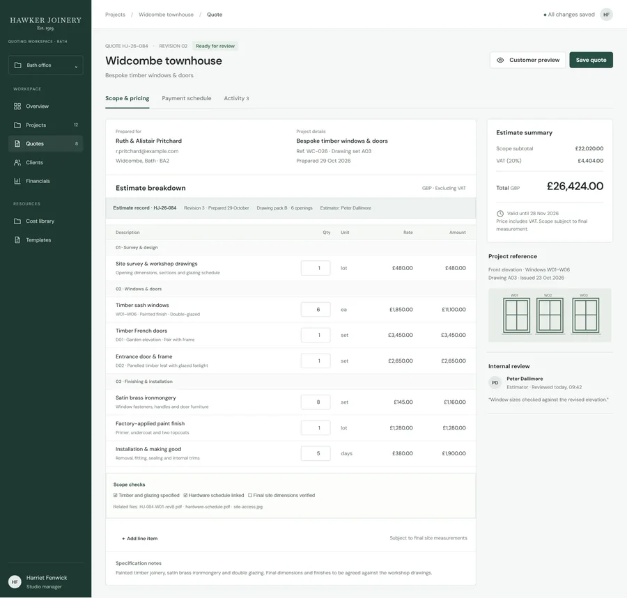 Bespoke joinery quotes for Hawker Joinery. Send detailed joinery quotes without rebuilding the same spreadsheet for every job. Keep measurements, finishes and payment stages together so customers can approve a clear scope and your team can price work consistently.