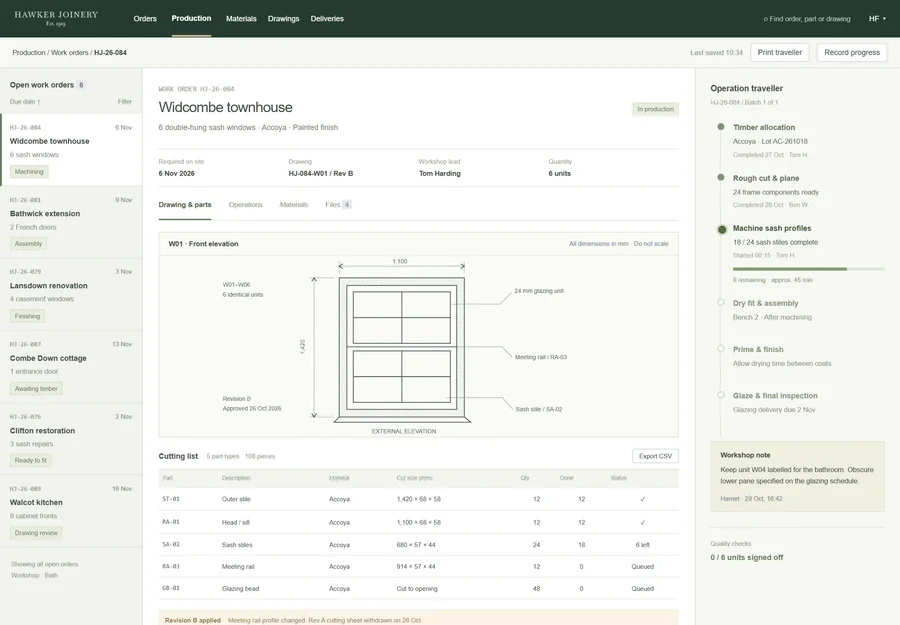 Workshop production plan for Hawker Joinery. See what needs to happen next before one delayed job disrupts the whole workshop. Coordinate machining, finishing and installation in one plan so your team can spot dependencies, prepare materials and give customers clearer updates.