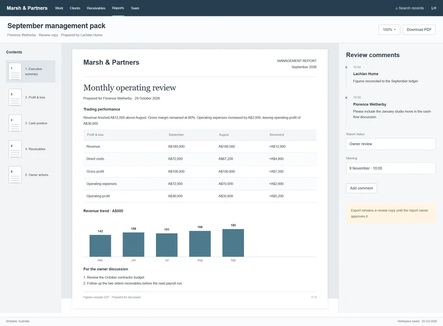 Monthly management pack for Marsh & Partners. Turn monthly figures into a review that helps an owner decide what to do next. Bring results, comparisons and action notes into one consistent pack so preparation is simpler and the discussion stays focused on the business.