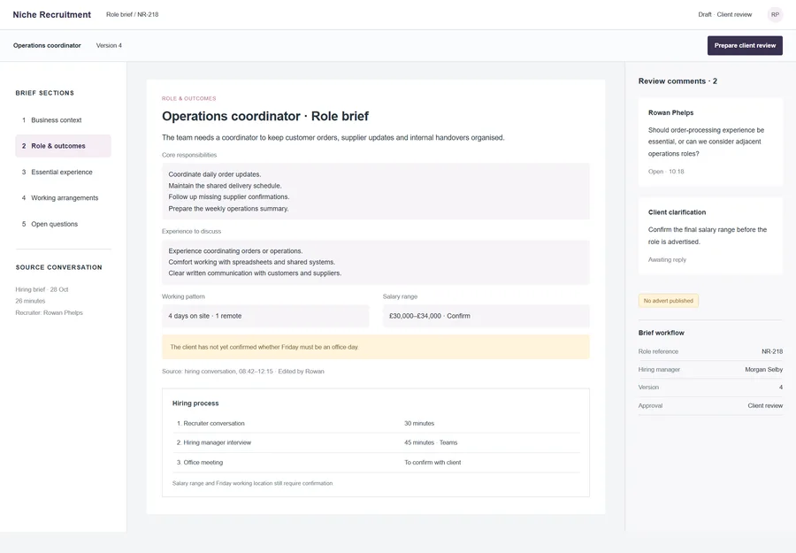 Hiring conversation to role brief for Niche Recruitment. Turn a hiring conversation into a role brief the client and recruiter can agree on. Separate confirmed requirements from open questions so sourcing starts with a shared understanding of the job.