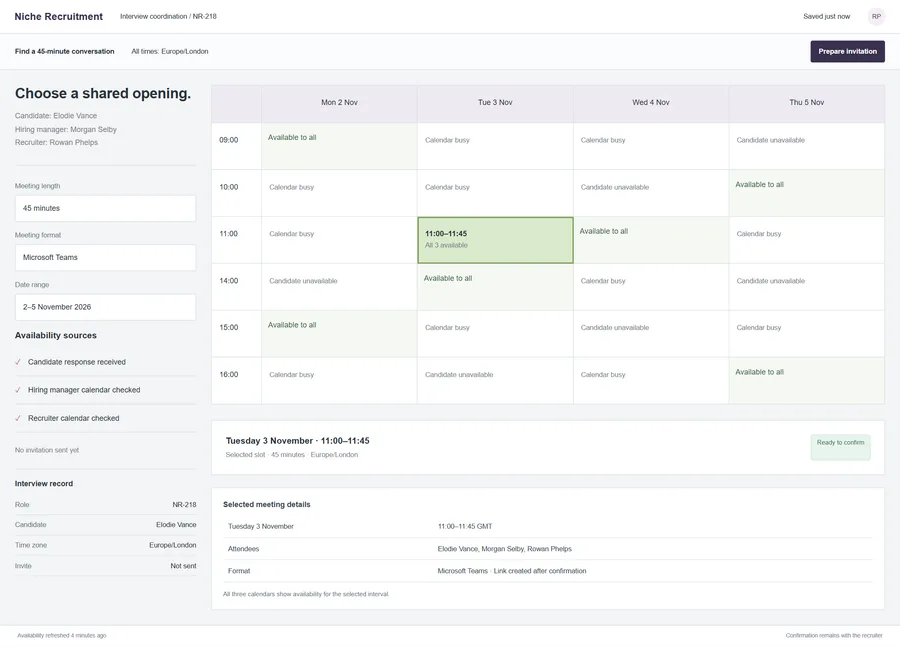 Interview availability coordination for Niche Recruitment. Find a workable interview time without a long email chain. Bring candidate availability, interviewer calendars and time zones together, then prepare the invitation for a recruiter to confirm.
