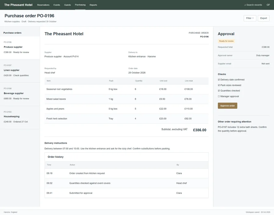 Supplier order approvals for The Pheasant Hotel. Catch quantity questions and spending surprises before orders reach suppliers. Review baskets, delivery dates and approval status together so the kitchen and housekeeping teams can prepare with fewer last-minute purchases.