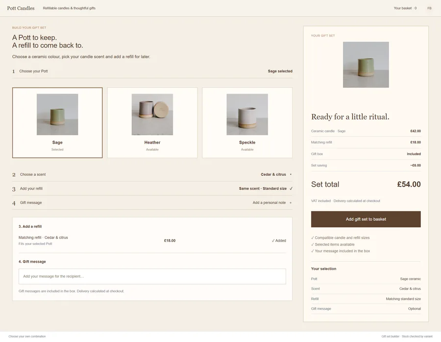 Mix-and-match gift set builder for Pott Candles. Make it easier for shoppers to put together a compatible gift set. Guide their choices with clear contents and pricing, while stock rules prevent combinations the team cannot fulfil.