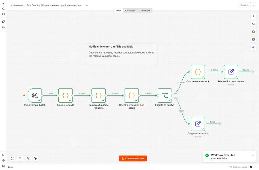 Restock to customer notification for Pott Candles. Turn a stock arrival into a controlled customer follow-up. Check the available quantity and waiting list, avoid duplicate notifications and prepare a release the team can review before messages go out.