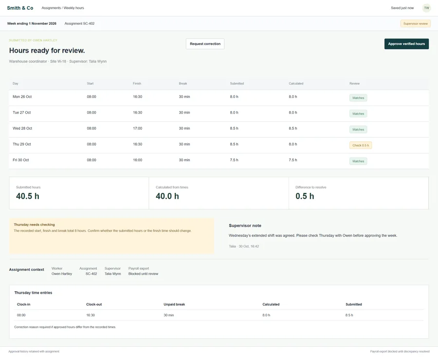 Timesheet exception review for Smith & Co. Reduce the checking needed before payroll preparation. Compare submitted hours, breaks and supervisor approvals, giving the team a short list of discrepancies to resolve before approved hours are exported.
