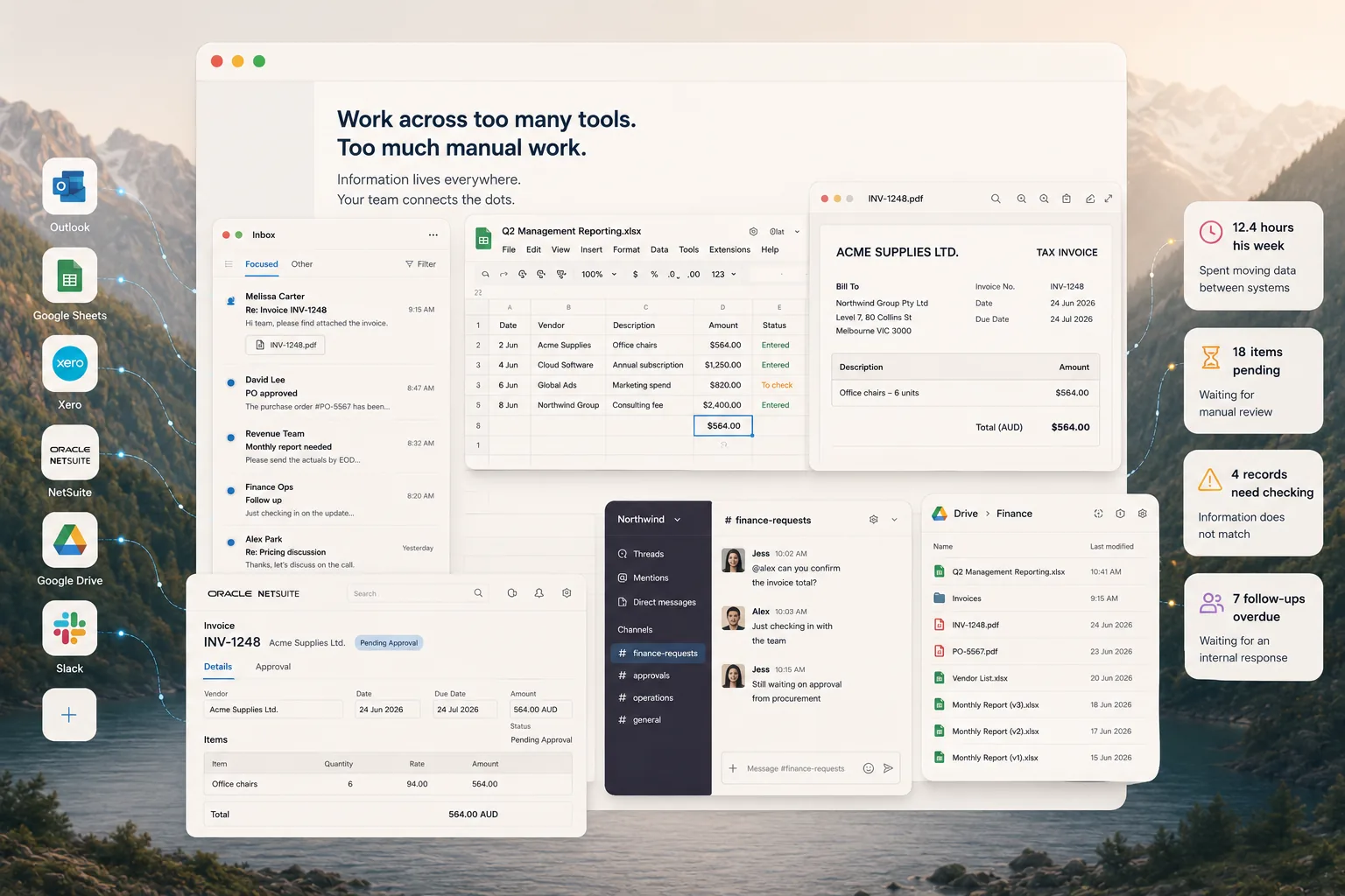 A team's week scattered across too many disconnected tools: email, spreadsheets, invoices, chat and file storage, all connected by hand