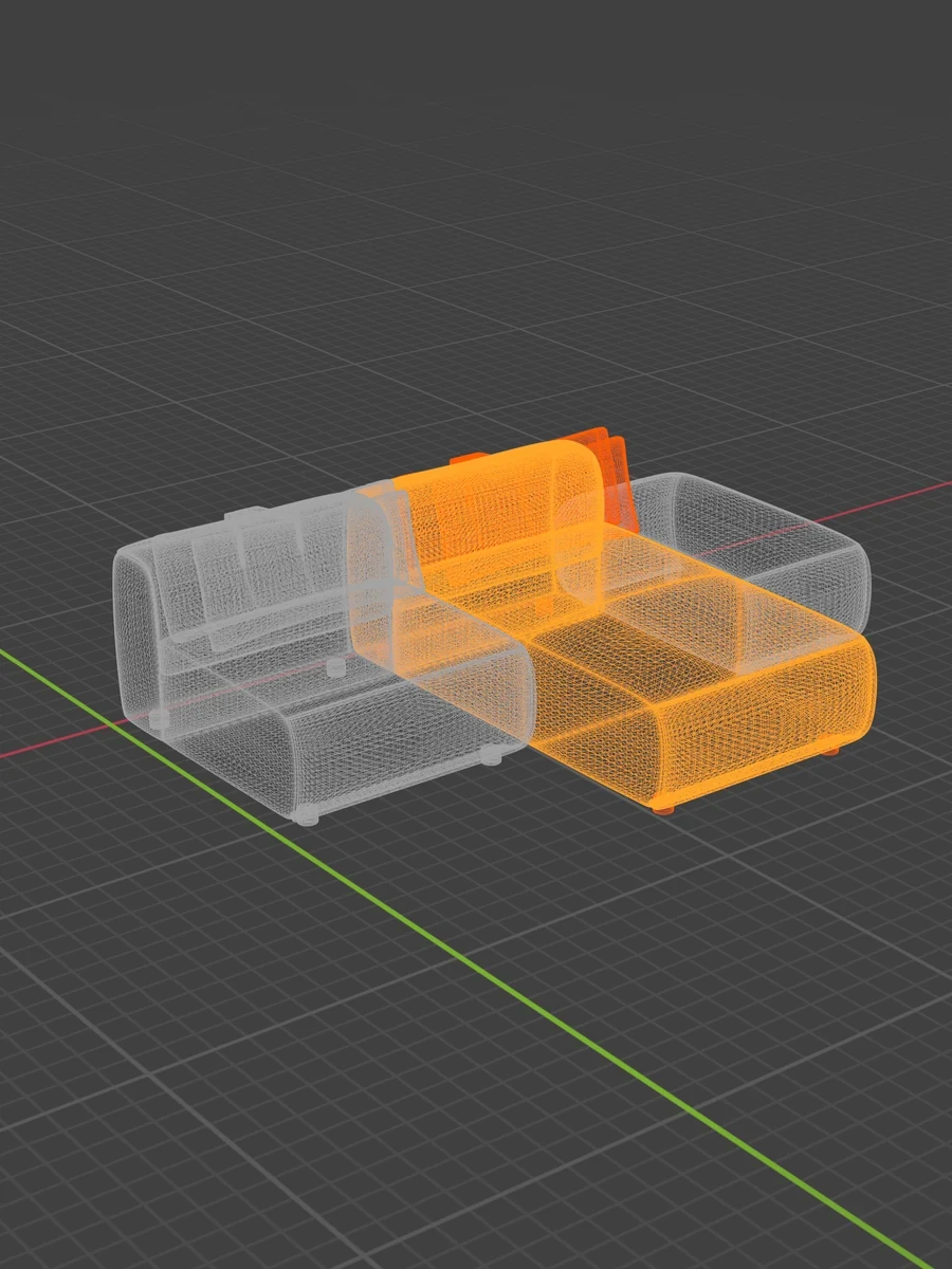 Actual Blender wireframe view of the Amada chaise showing its three-dimensional mesh.