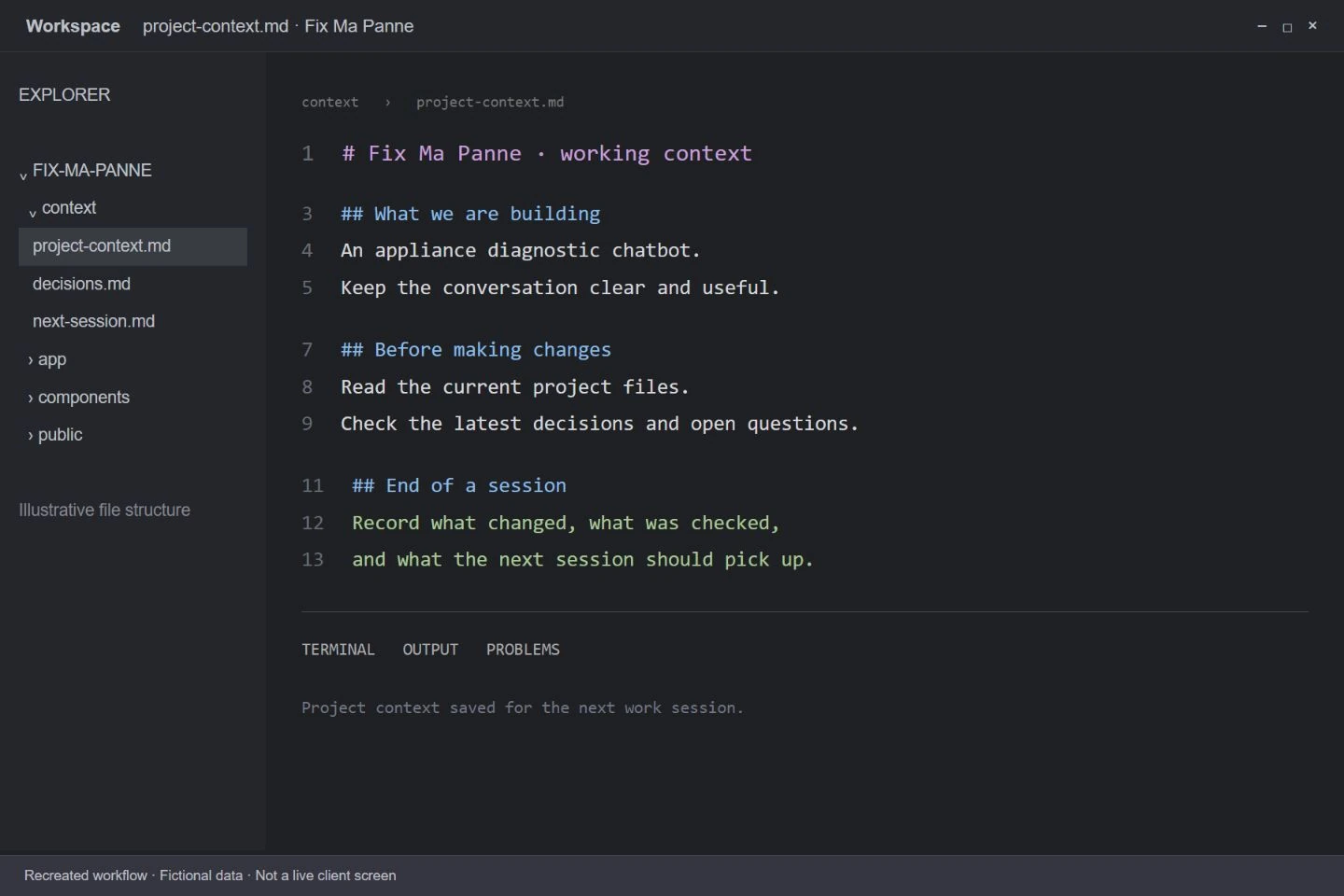 Illustrative project memory file for the Fix Ma Panne appliance diagnostic chatbot.