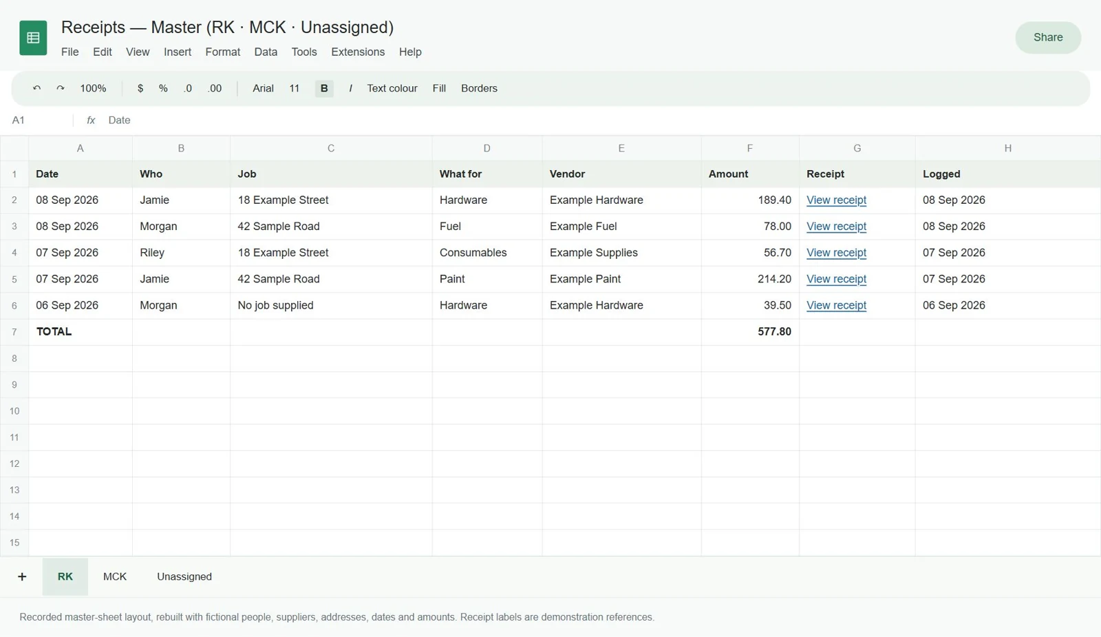 Reconstructed RK and MCK receipt register with fictional jobs, suppliers and expenses.