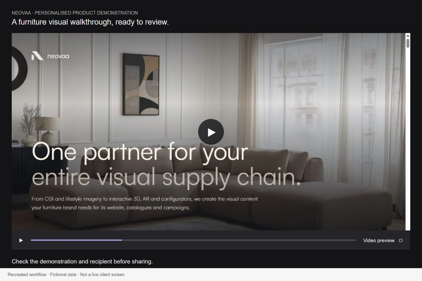 Illustrative outreach video preview showing the actual Neovaa portfolio page.
