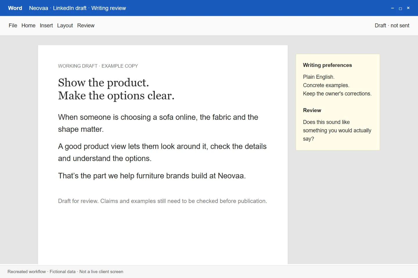 Illustrative Neovaa content draft with plain-English writing preferences and owner review notes.
