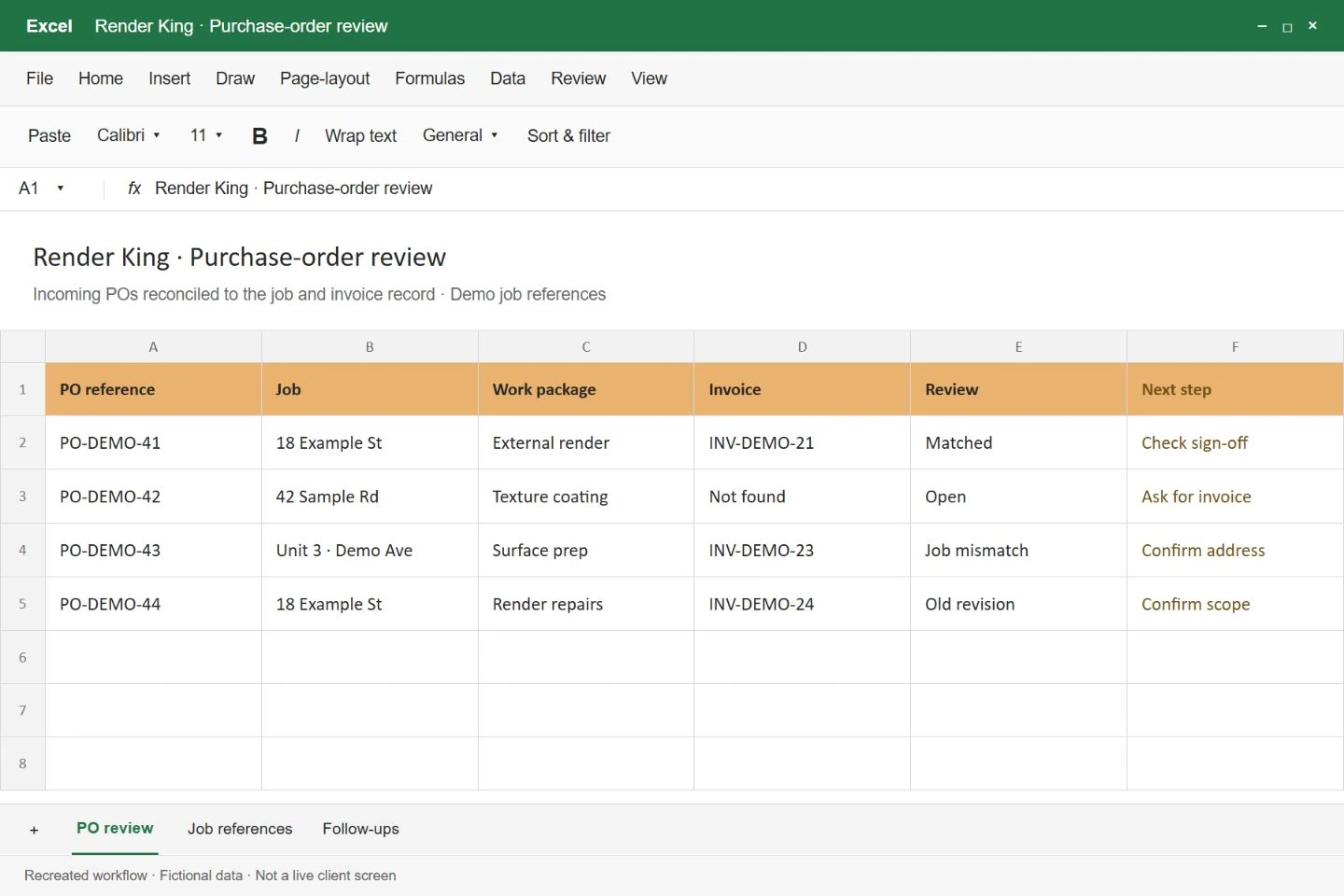 Illustrative purchase-order review for rendering jobs, with job and invoice discrepancies.