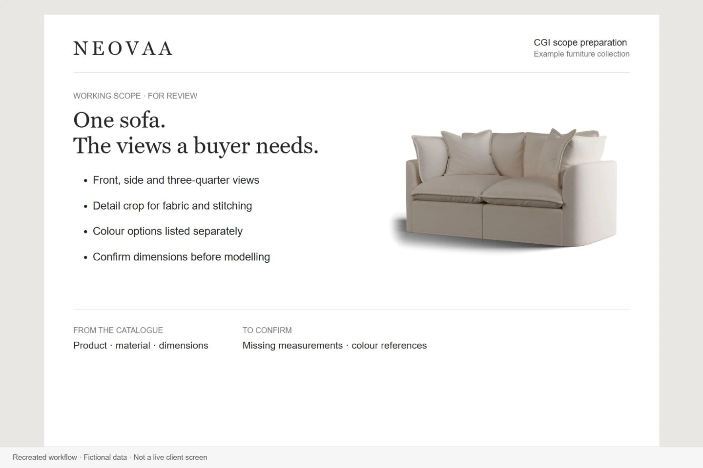 Example furniture CGI scope illustrated with an actual Neovaa sofa render.