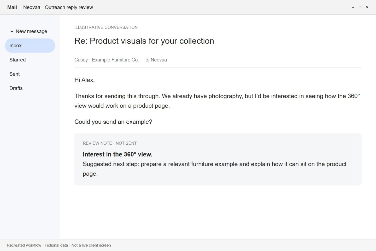 Illustrative furniture prospect reply asking about a 360-degree product view, with a proposed next step.