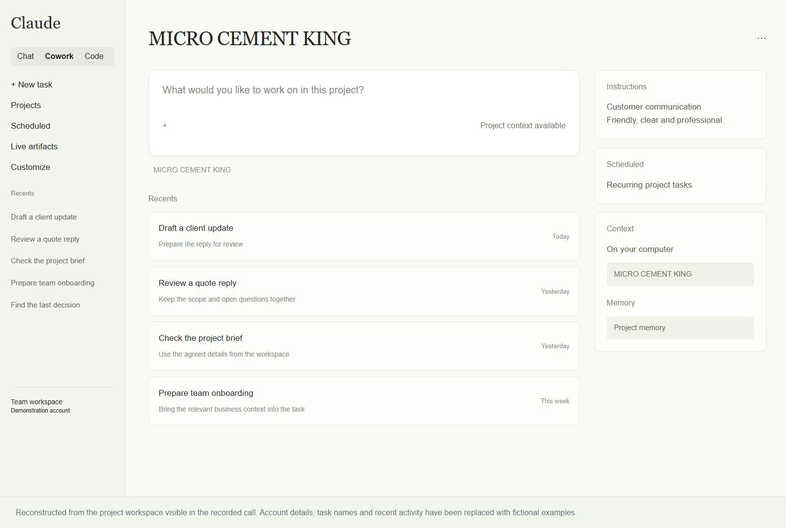 Recreated Micro Cement King Claude project with instructions, recent tasks and working context.