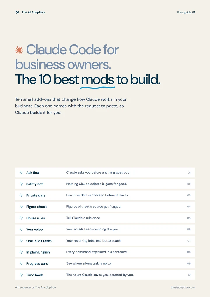 Cover of the free guide: Claude Code for business owners, the 10 best mods to build, by The AI Adoption.
