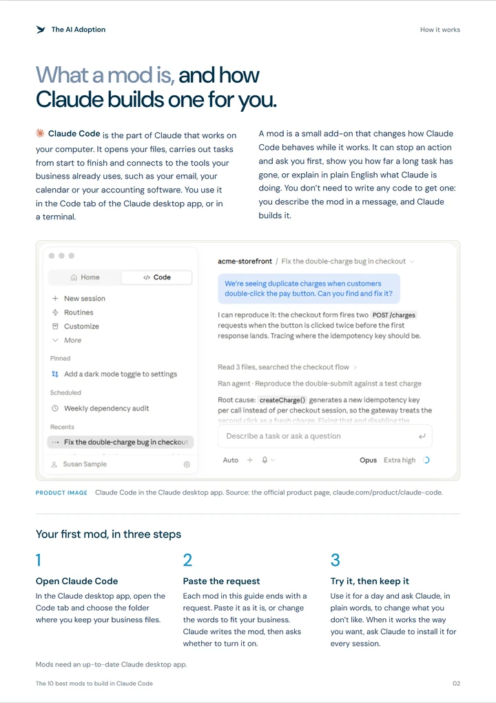 Inside page: what a mod is and the three steps to build one.